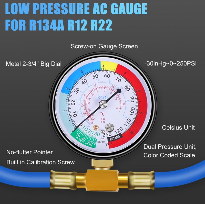 JIFETOR AC Charge Hose with Gauge for R134A, Car HVAC Refrigerant Recharge Kit, Home Air Conditioning U Charging Hose Low Pressure Meter 1/4 inch Fittings Can Tap Quick Coupler Adapter, 42 inch Long - Image 4